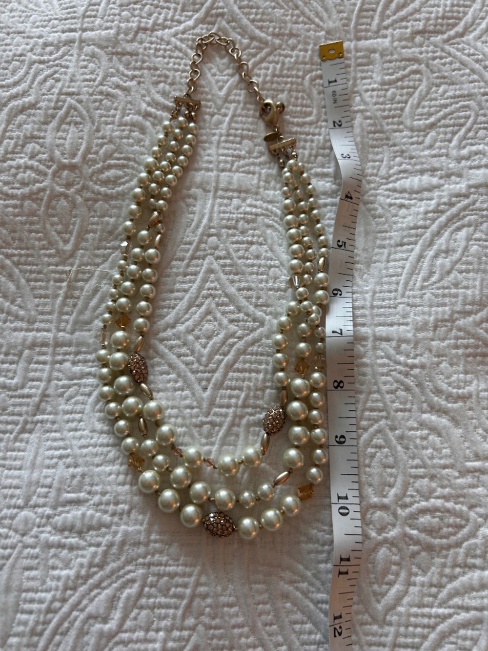 Vintage Chico’s 20” Triple Strand Pearl and Gold Rhinestone Beaded Necklace